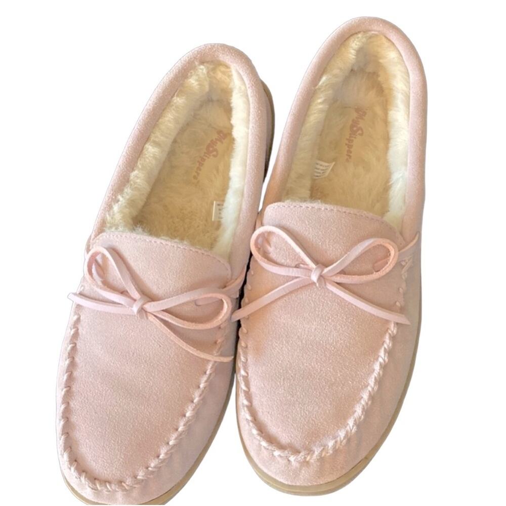 My slippers Womens 9 Moccasins Pink Comfort Suede Memory Leather Indoor Outdoor